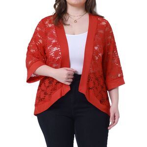Plus Size Shrug Bolero Summer Lace Panel Sheer Loose Cardigans Red